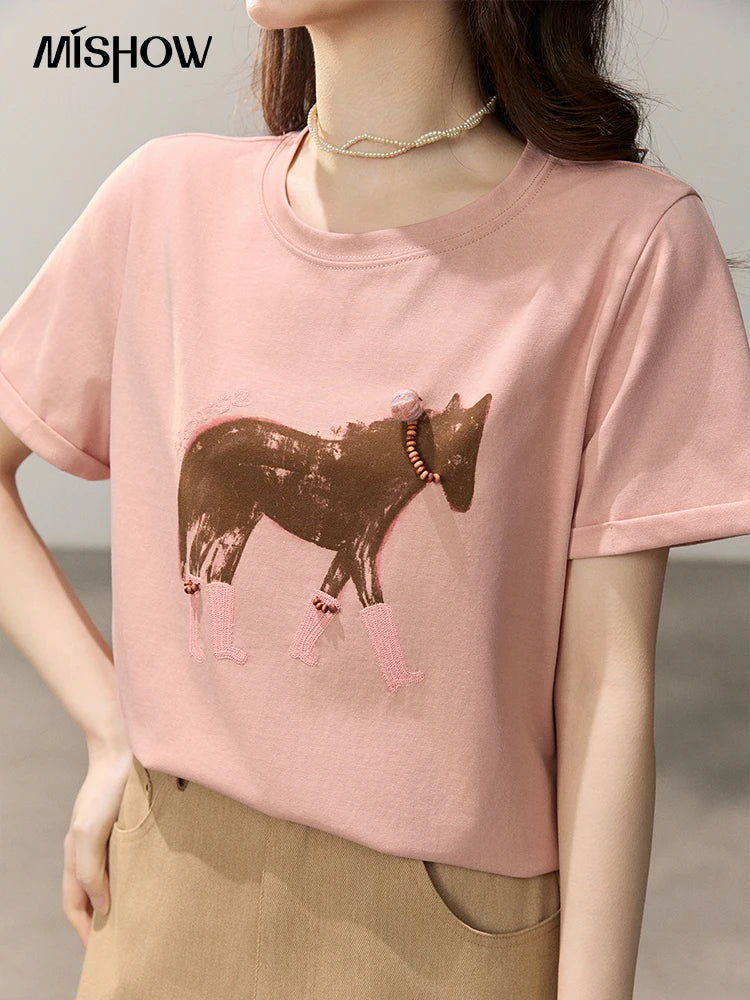 MISHOW Womens Horse Print Beaded Embroidery Cotton Crew Neck Tee