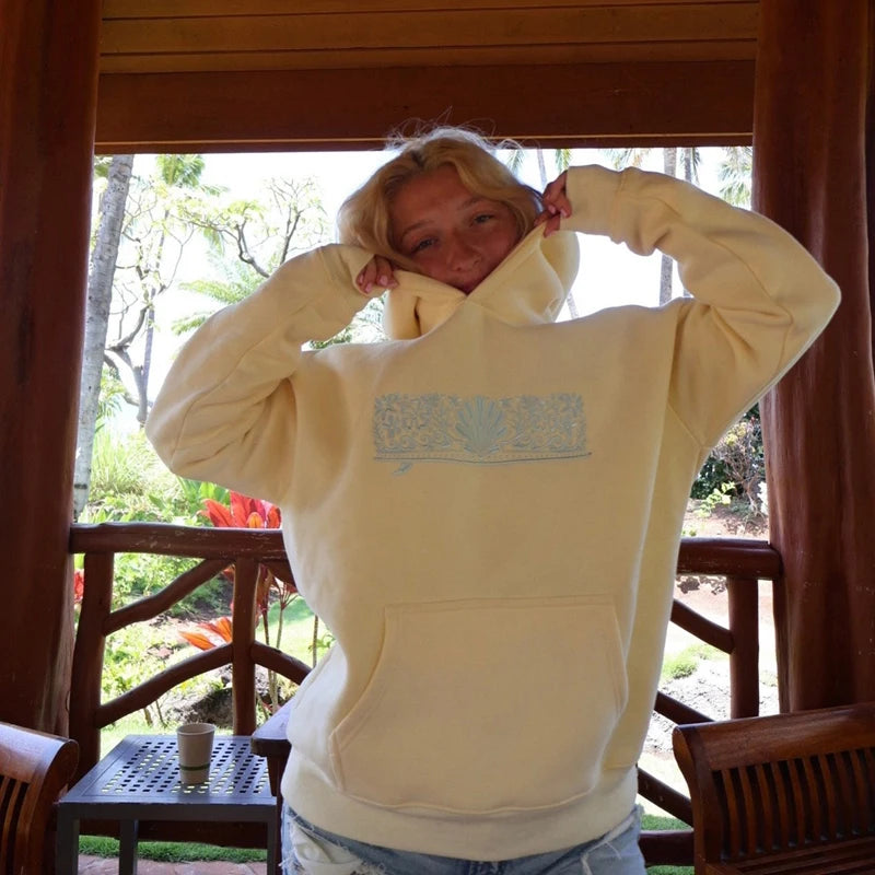 XBTCLXEBCOCN Preppy Oversized Graphic Hoodie For Women Embroidered Hibiscus Palm