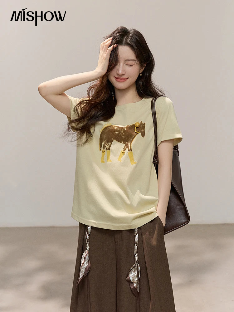 MISHOW Womens Horse Print Beaded Embroidery Cotton Crew Neck Tee