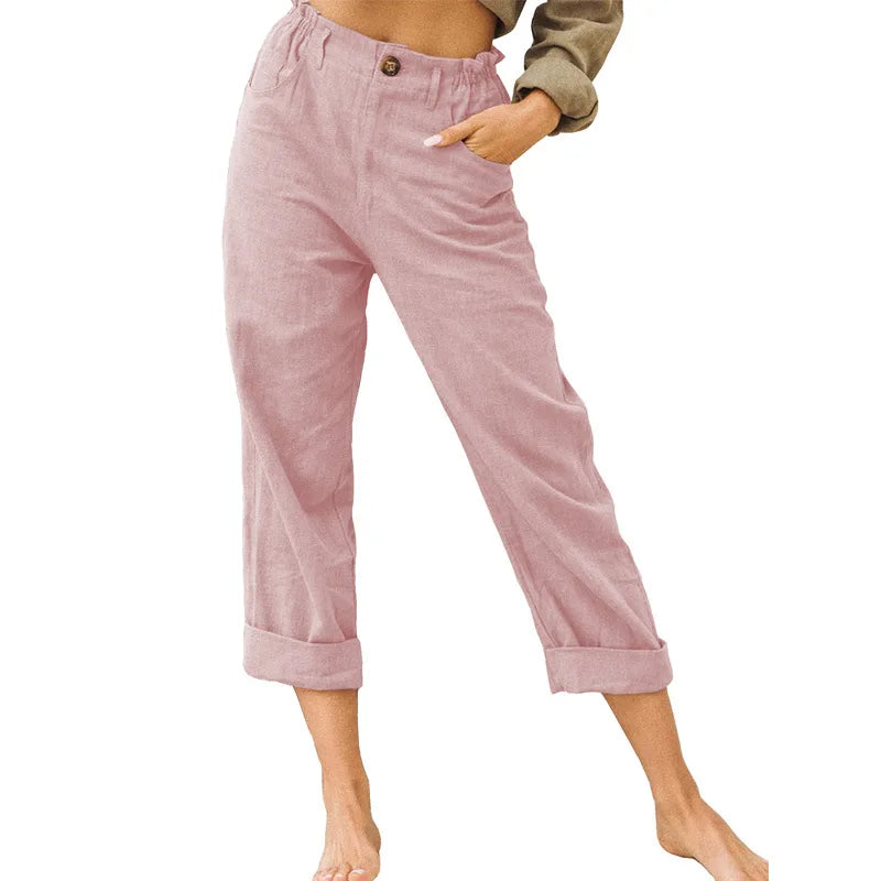 Guangdong Choice Cotton Linen Cropped Pants For Women, Casual Straight