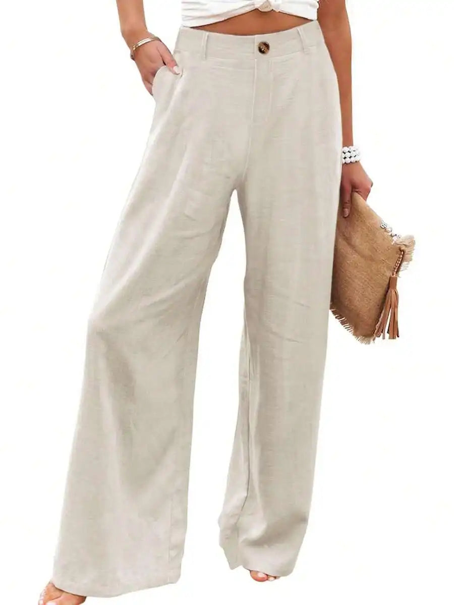 Womens Cotton Linen Wide Leg Trousers High Waist Button Up