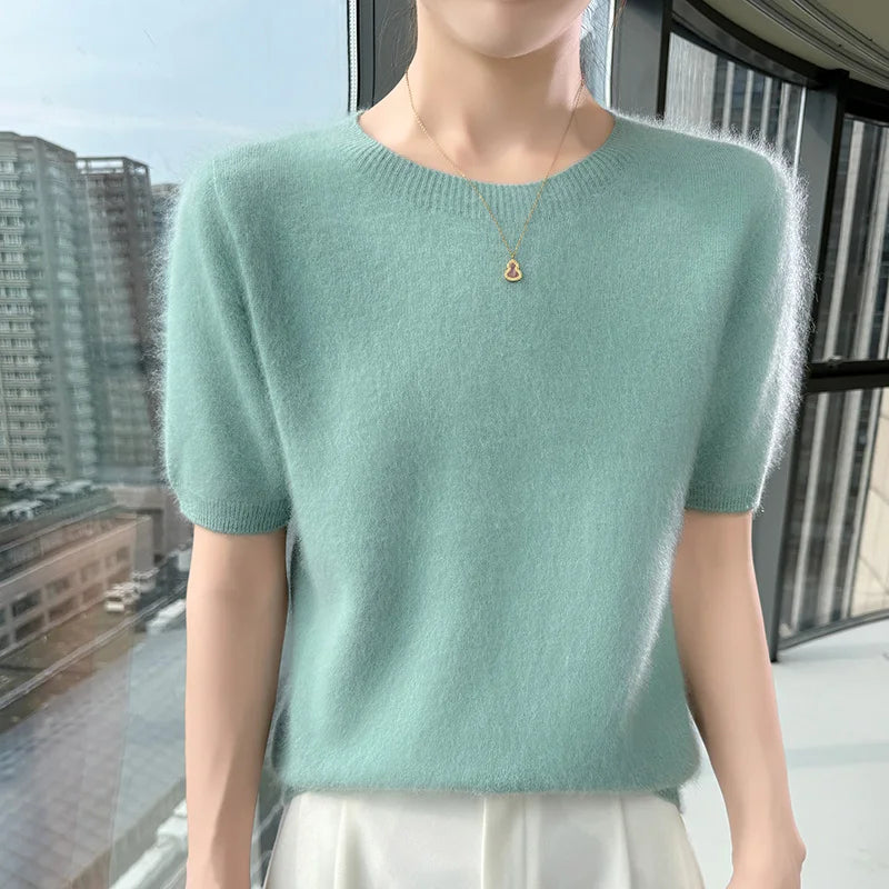 FRSEUCAG Women's Mink Cashmere Knit Sweater O-Neck Short Sleeve Pullover