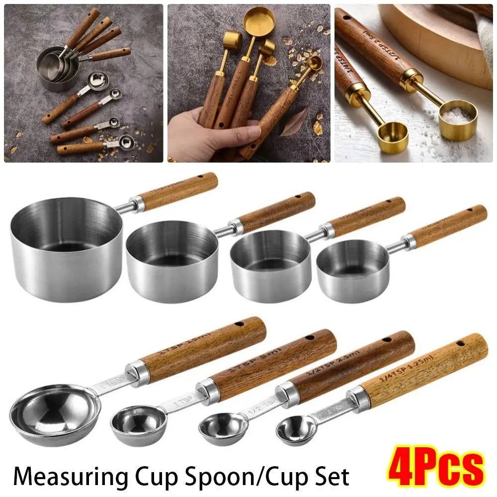 4Pcs Stainless Steel Measuring Cup Spoon Set With Wooden Handle