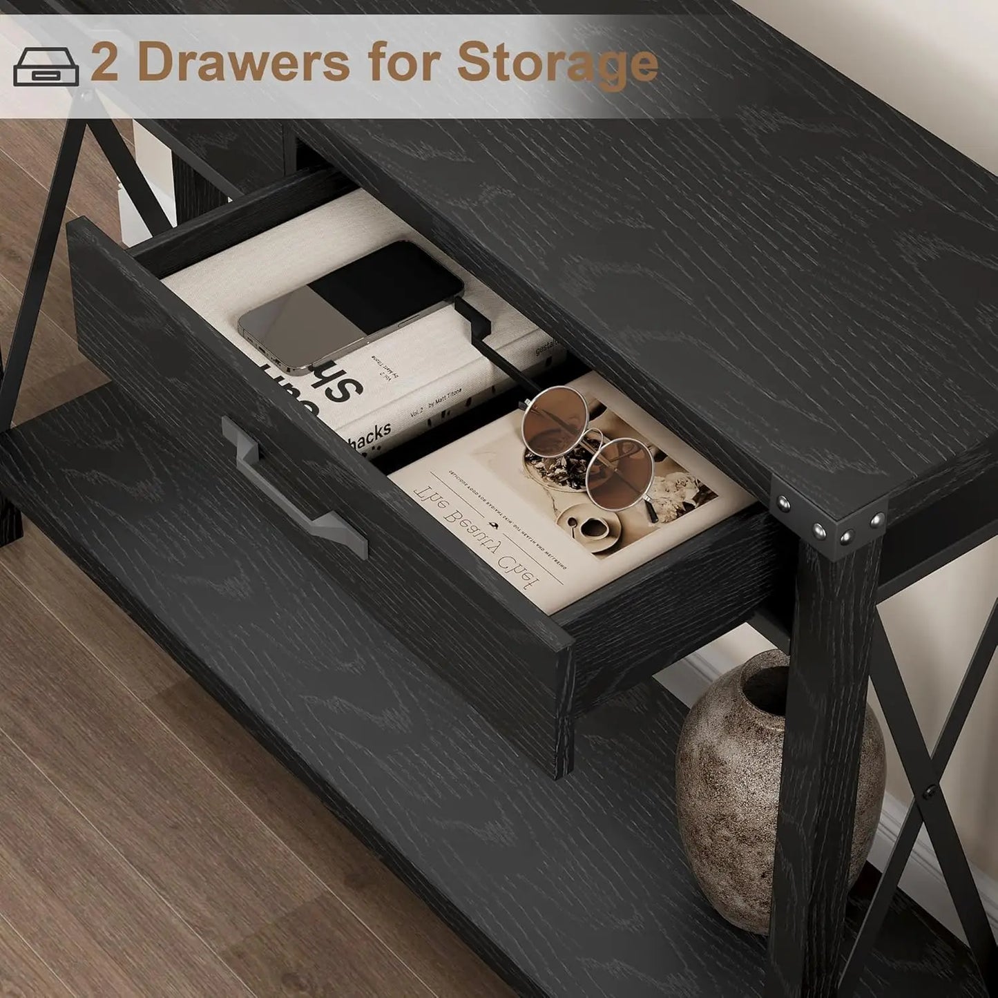 Black Console Table with 2 Drawers & Storage Shelf for Entryway Hallway Living Room 43x12x30in, Customized