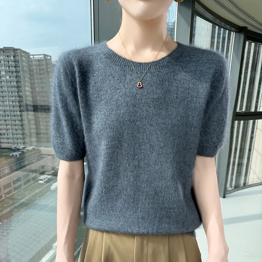 FRSEUCAG Women's Mink Cashmere Knit Sweater O-Neck Short Sleeve Pullover