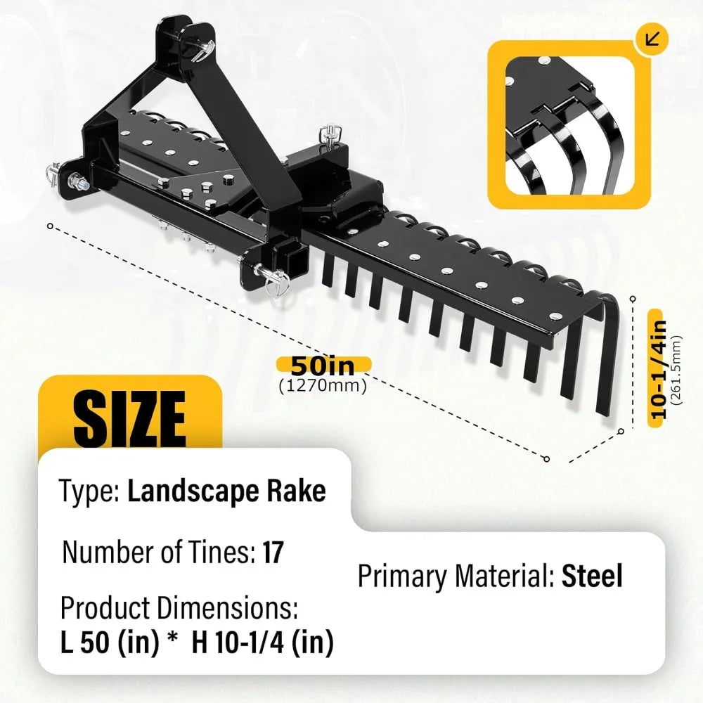 Landscape Rake Compatible with Category-0Tractor 3 Point & 5-Position Angle Adjustment for Garden