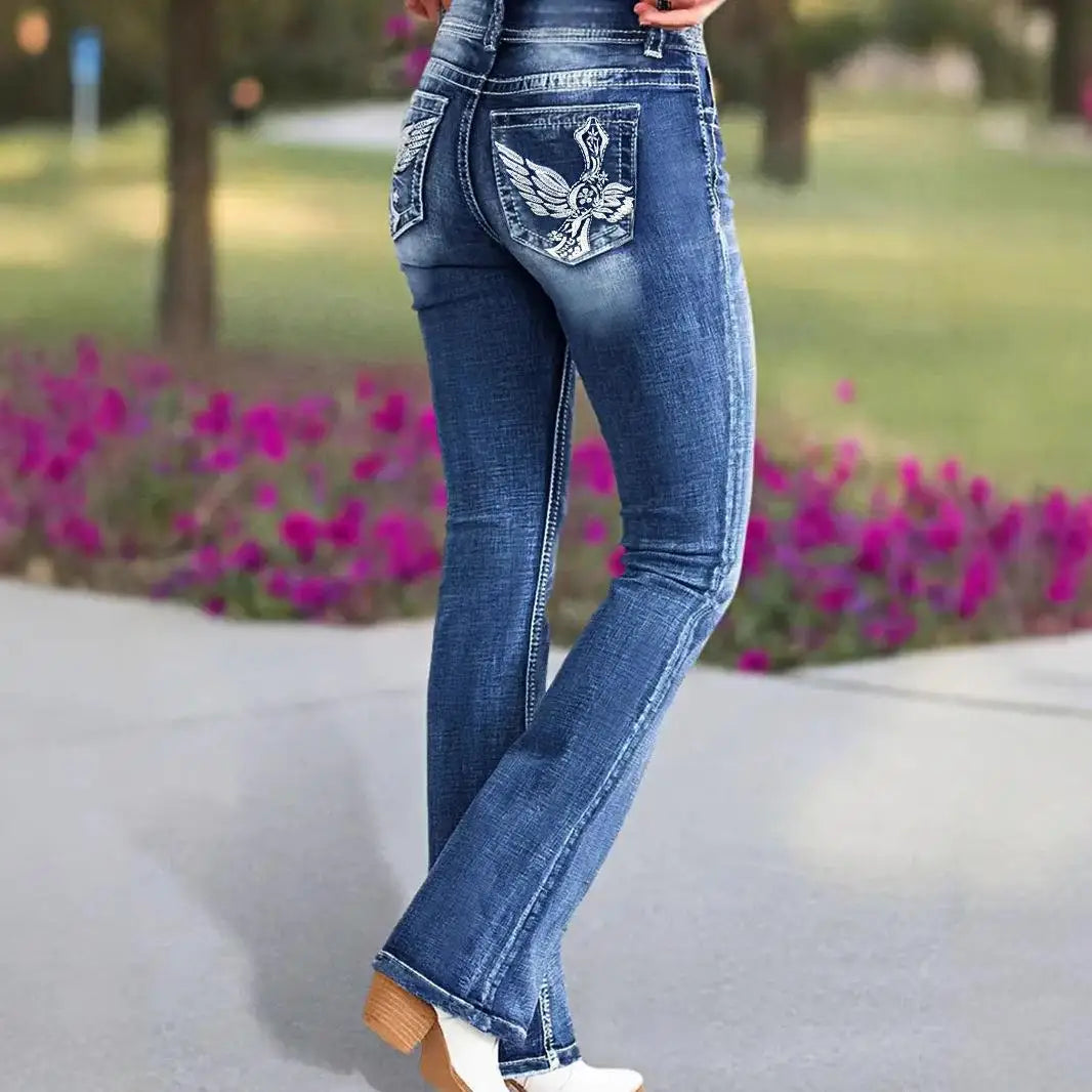 Women's High Waist Embroidered Flared Slimming Cotton Jeans