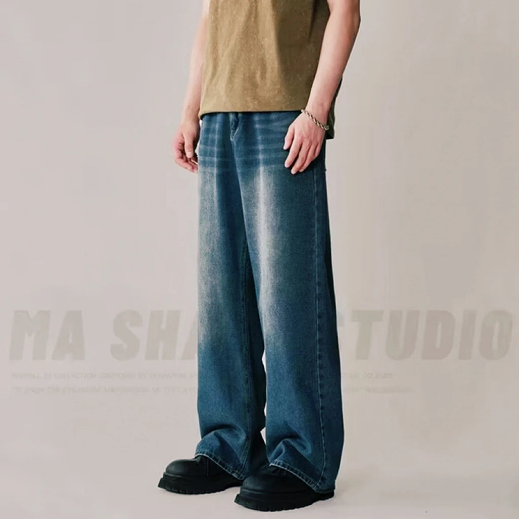 Men's Washed Denim Jeans With Loose Fit Wide Leg Trousers