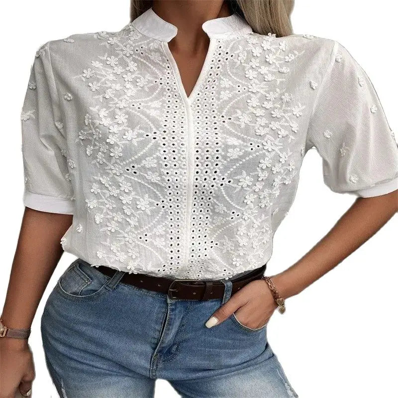 Elegant Short Sleeve Chiffon Blouse With Crochet Embroidery