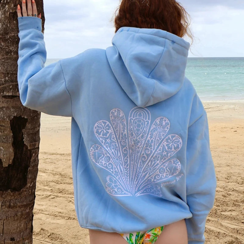 XBTCLXEBCOCN Preppy Oversized Graphic Hoodie For Women Embroidered Hibiscus Palm