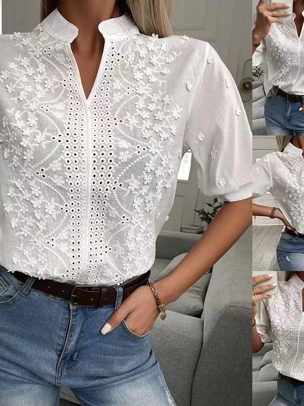 Others Embroidered Hollow Out Stand Collar Short Sleeve Shirt
