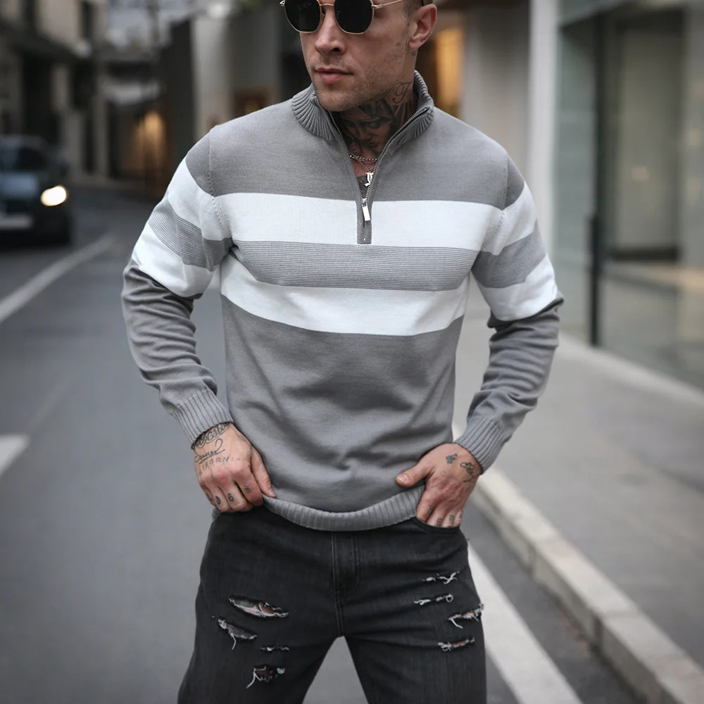 NONECN Men's Zipper Mock Neck Pullover Knit Sweater