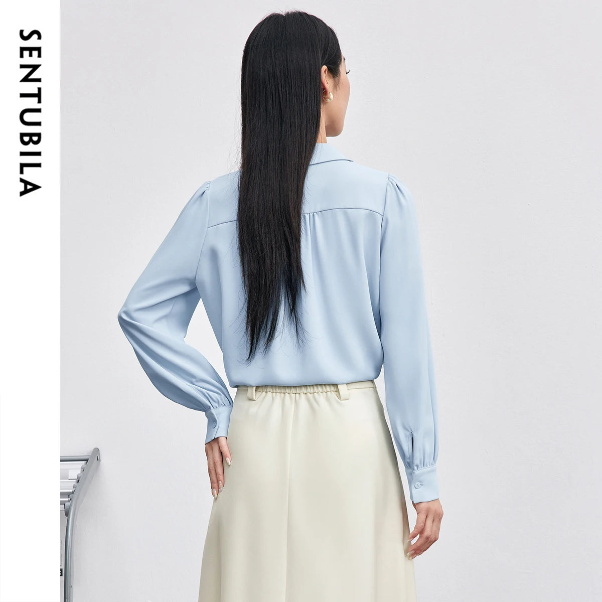 Sentubila Womens Detachable Ribbon Turn Down Collar Long Sleeve Shirt