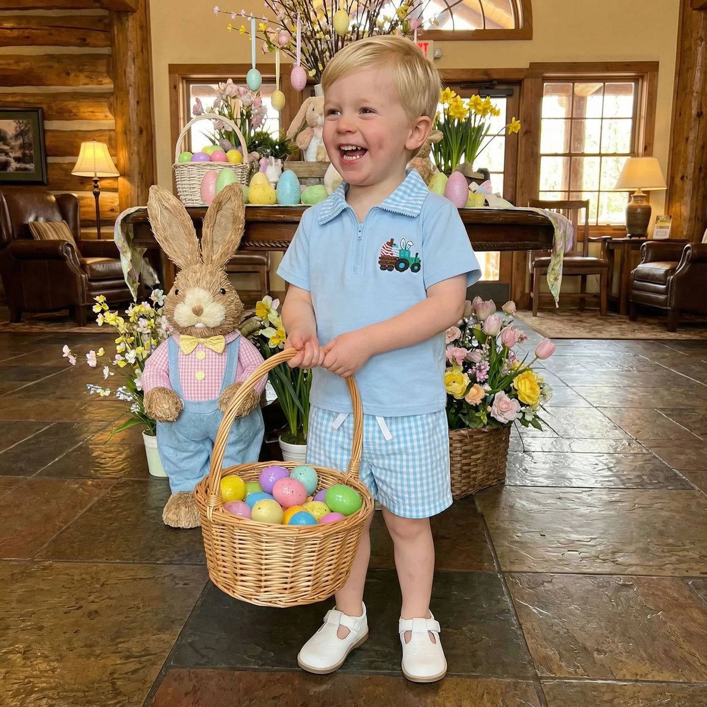 Toddler Easter Outfit Set Embroidered Short Sleeve Top And Shorts