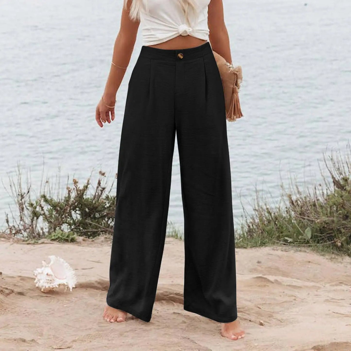 Others High Waist Wide Leg Pants For Women Summer Polyester