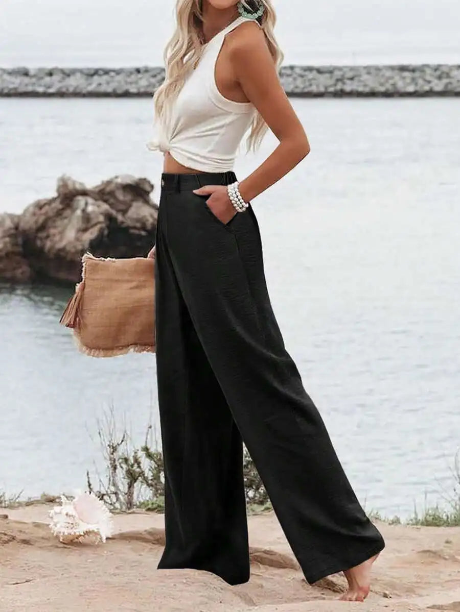 Womens Cotton Linen Wide Leg Trousers High Waist Button Up
