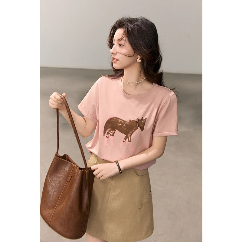 MISHOW Womens Horse Print Beaded Embroidery Cotton Crew Neck Tee