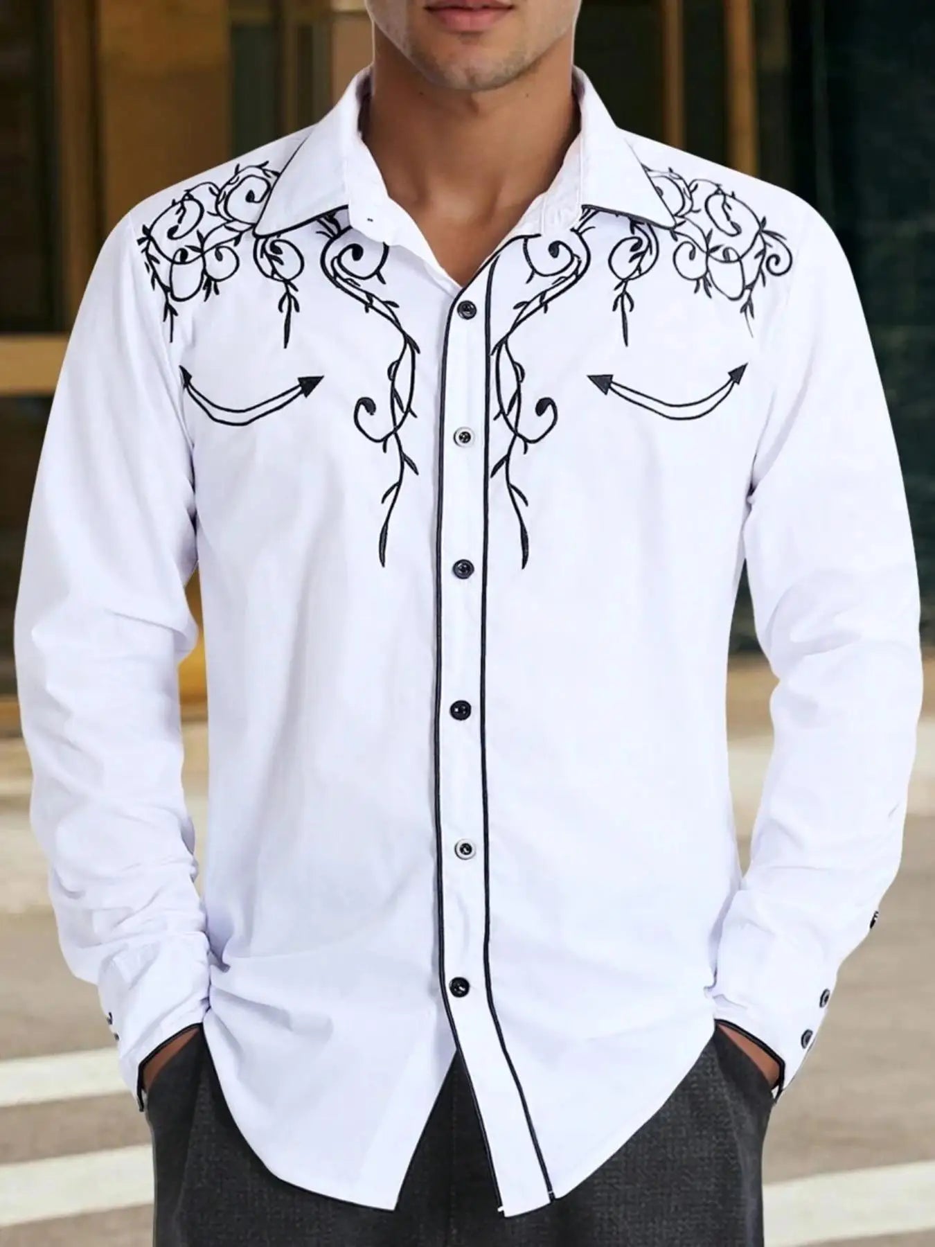 Men's Western Style Embroidered Long Sleeve Shirt For Casual Wear