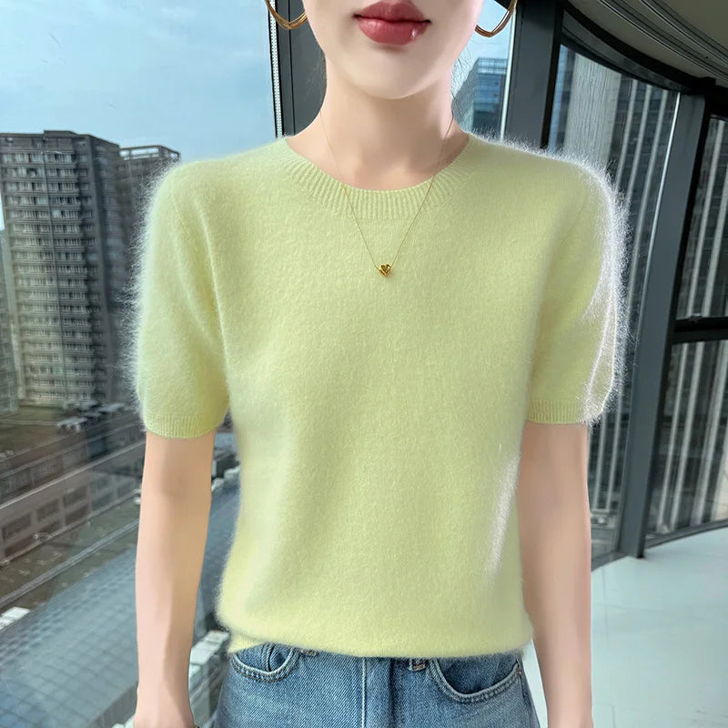 FRSEUCAG Women's Mink Cashmere Knit Sweater O-Neck Short Sleeve Pullover