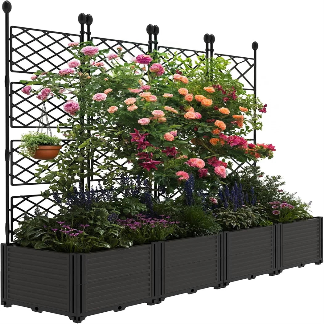 HiMISS Plastic Plant Box With Metal Trellis Raised Garden Bed
