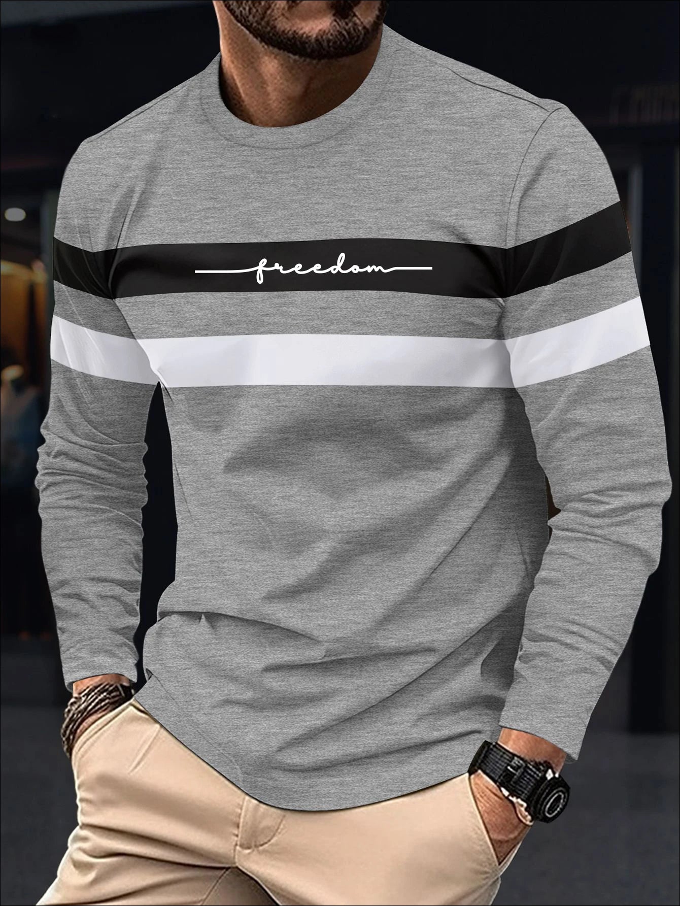 Autumn Mens Oversized Crew Neck Long Sleeve Stripe T Shirt