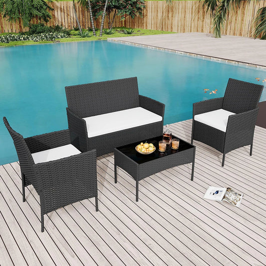 HiMISS PE Rattan Patio Set With Glass Table And Cushions