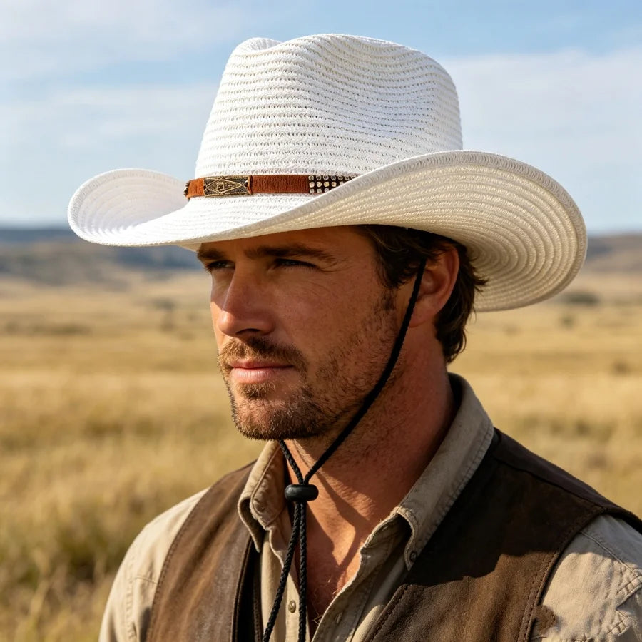 Outdoor Straw Cowboy Hat for Unisex Sun Protection Windproof Adjustable Strap