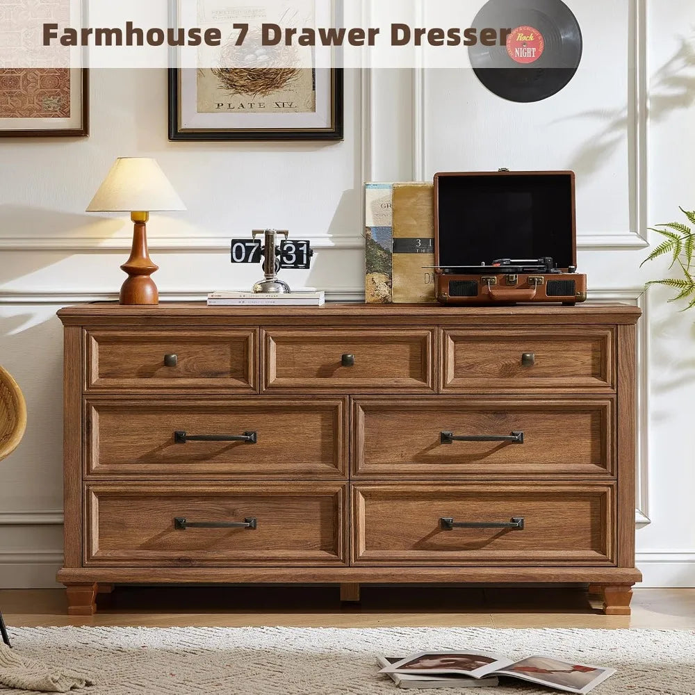 Farmhouse Style Brown Wood 7 Drawer Dresser