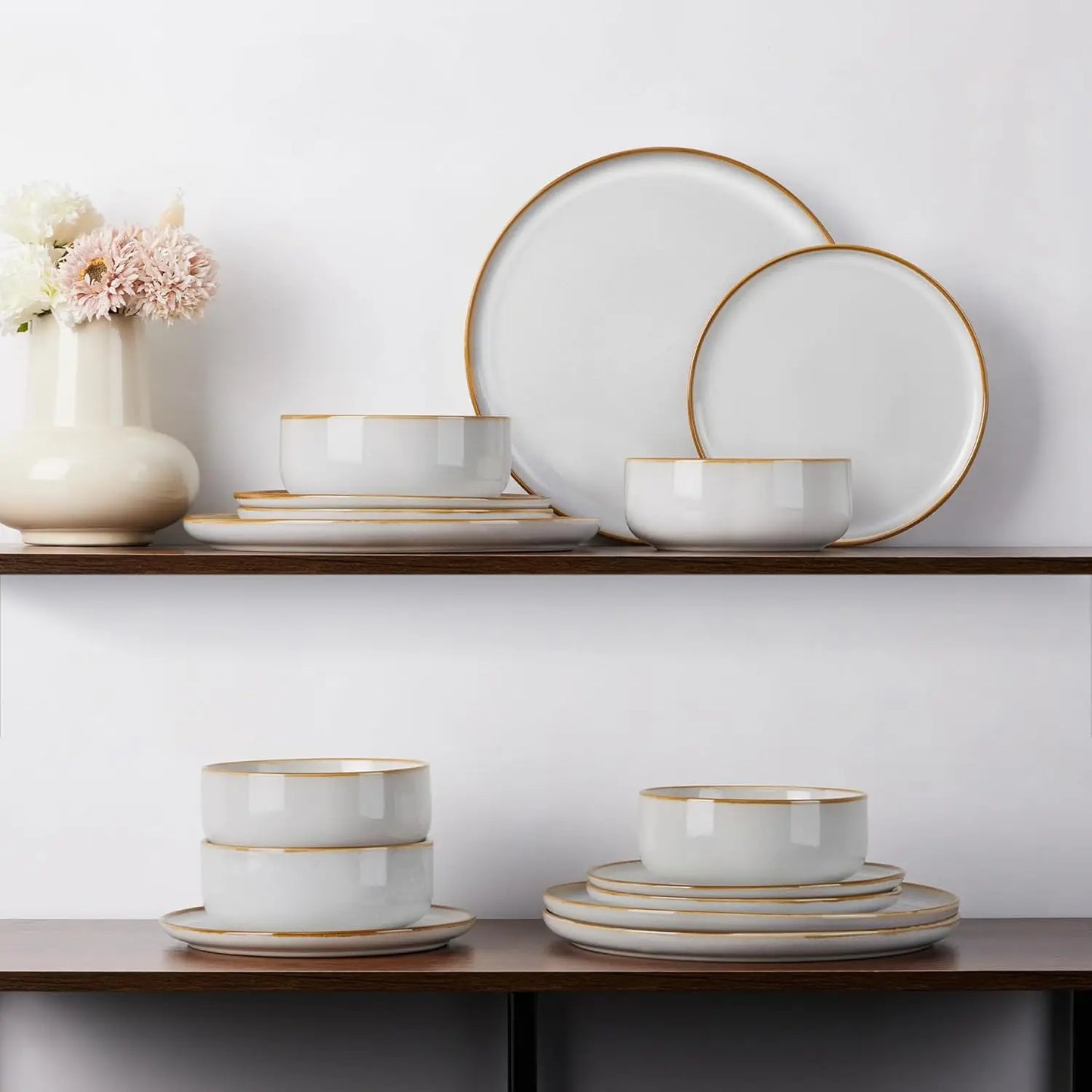 12 Piece Stoneware Plates And Bowls Set For Four People