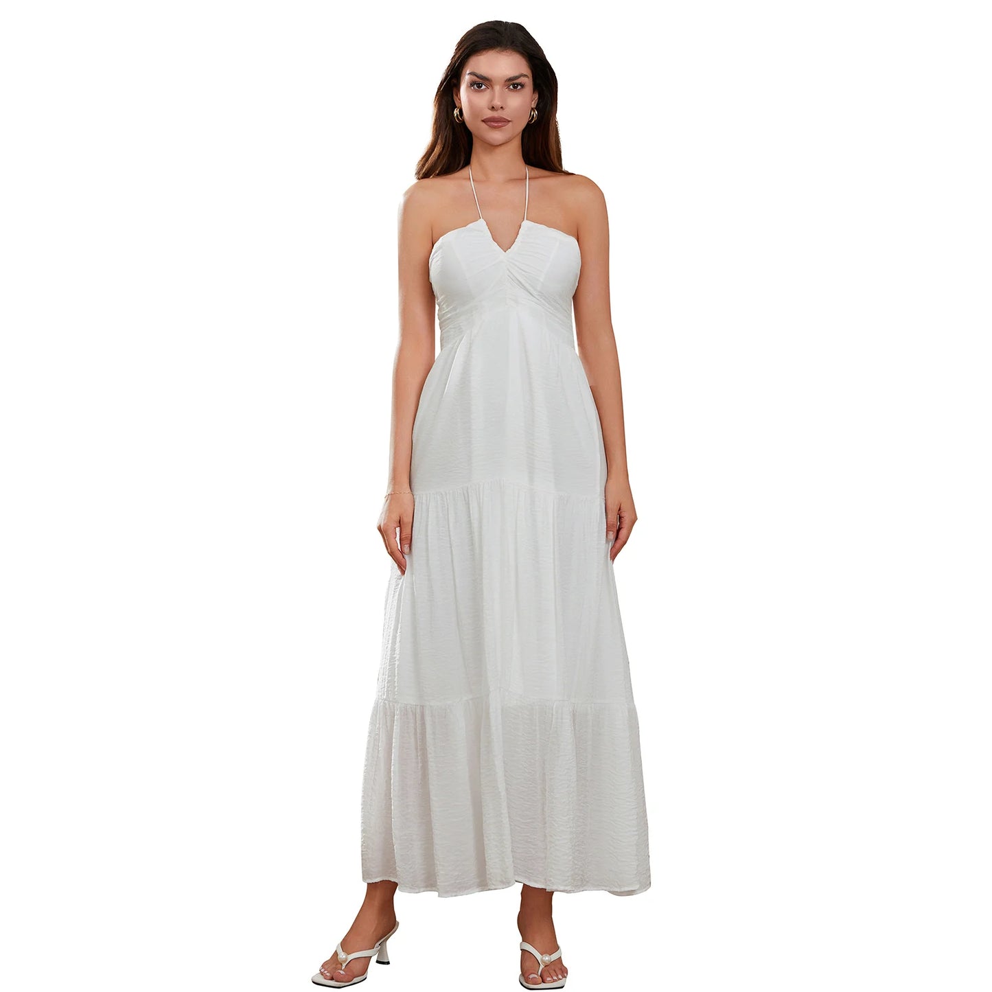 ThefoundCN Women A Line Halter Neck Backless Sleeveless Dress Tie Up Beach