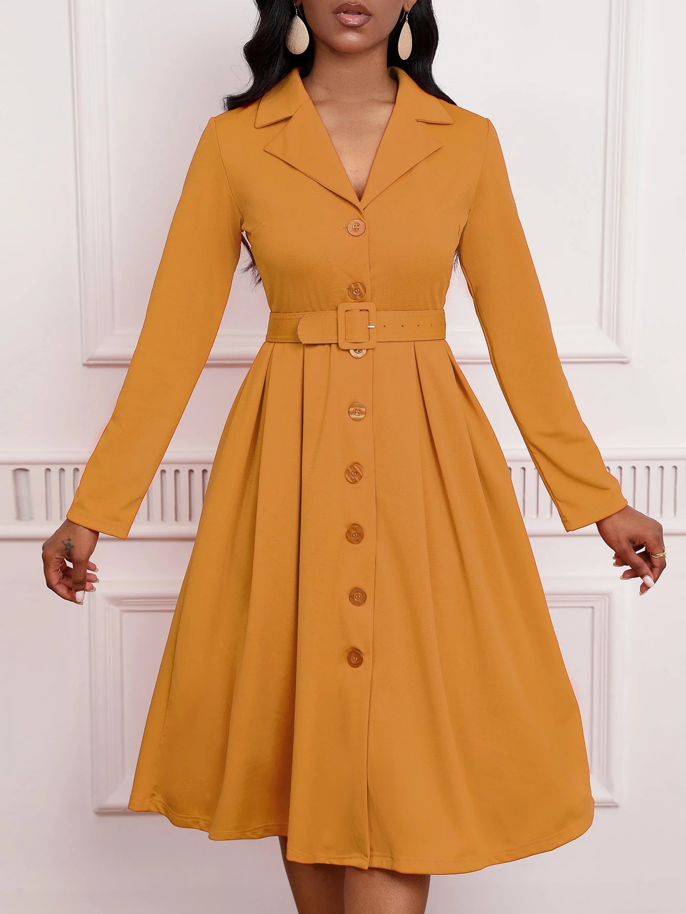 MSHIGHBEAUTYCN Knit Midi Dress With Collar Button Front