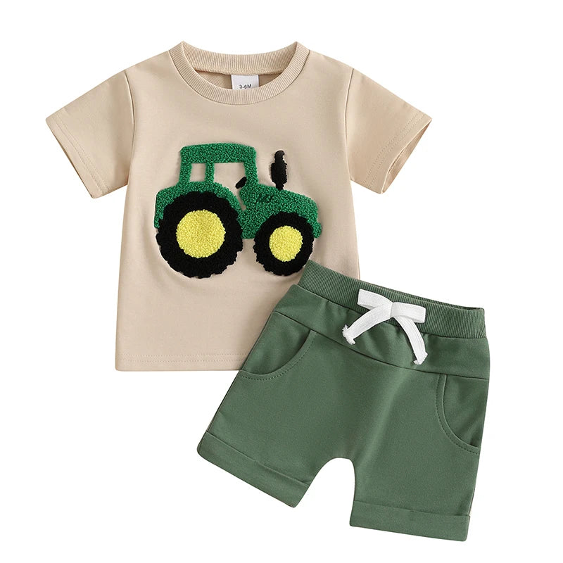 Lioraitiin Toddler Boys Summer Outfit Truck Embroidered Set