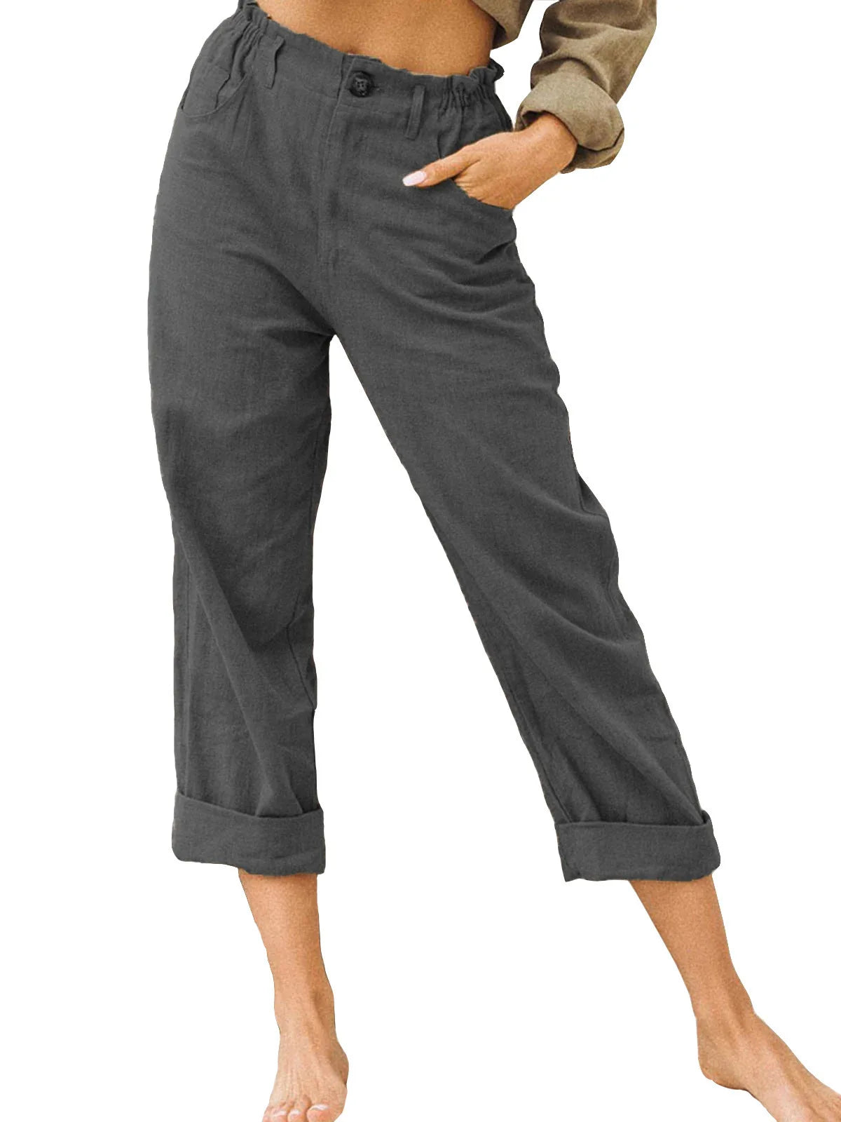 Guangdong Choice Cotton Linen Cropped Pants For Women, Casual Straight