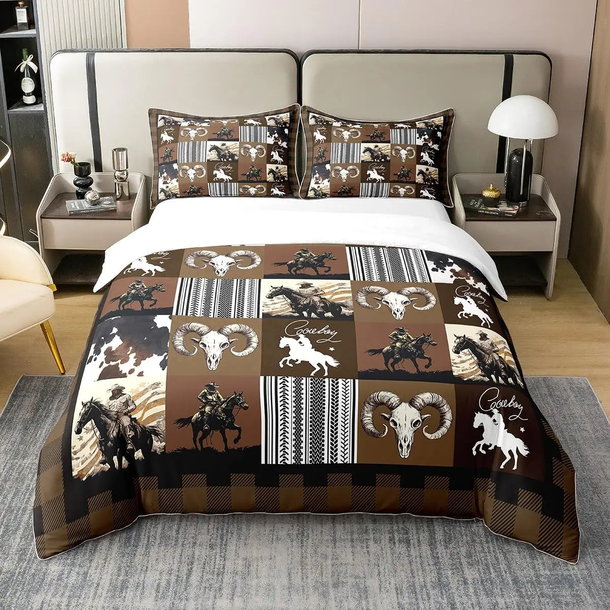 NONECN Western Cowboy Print Duvet Cover Set Bedding