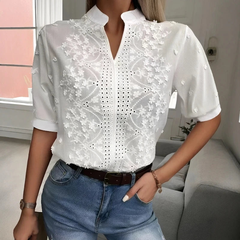 Others Embroidered Hollow Out Stand Collar Short Sleeve Shirt