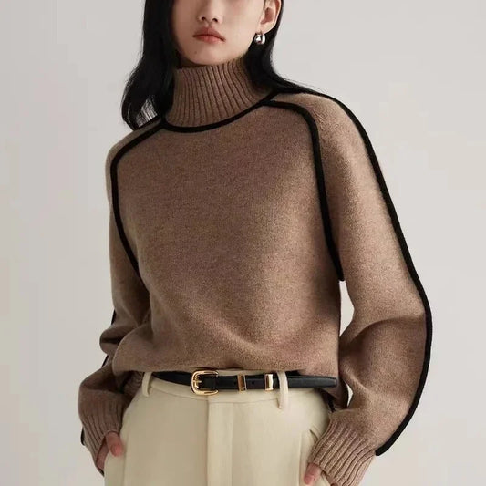 VWBQNZ Womens Turtleneck Knitted Sweater Autumn Winter Patchwork Pullover