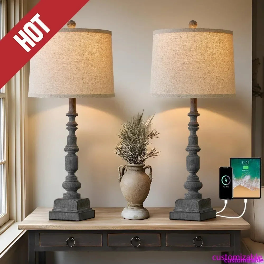 Customizable Vintage Farmhouse USB Table Lamps With Built In Ports