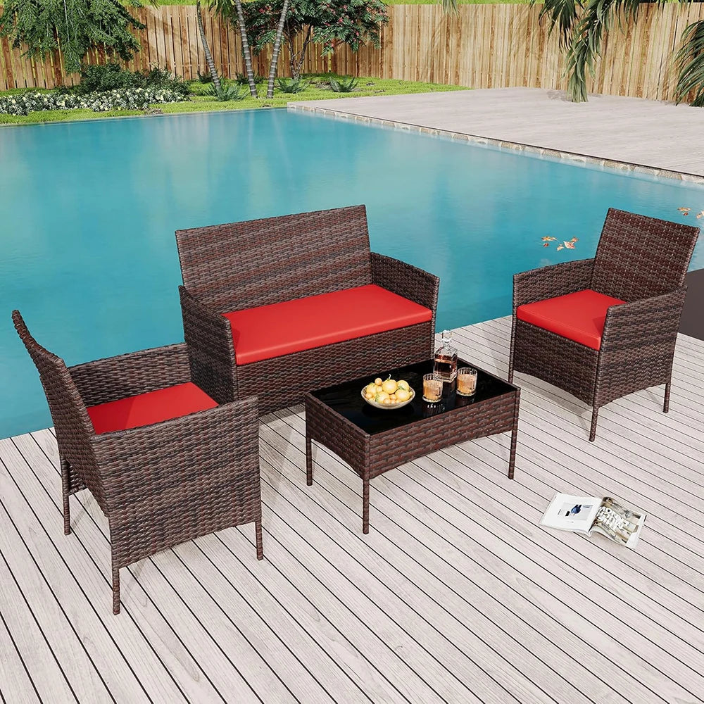 HiMISS PE Rattan Patio Set With Glass Table And Cushions