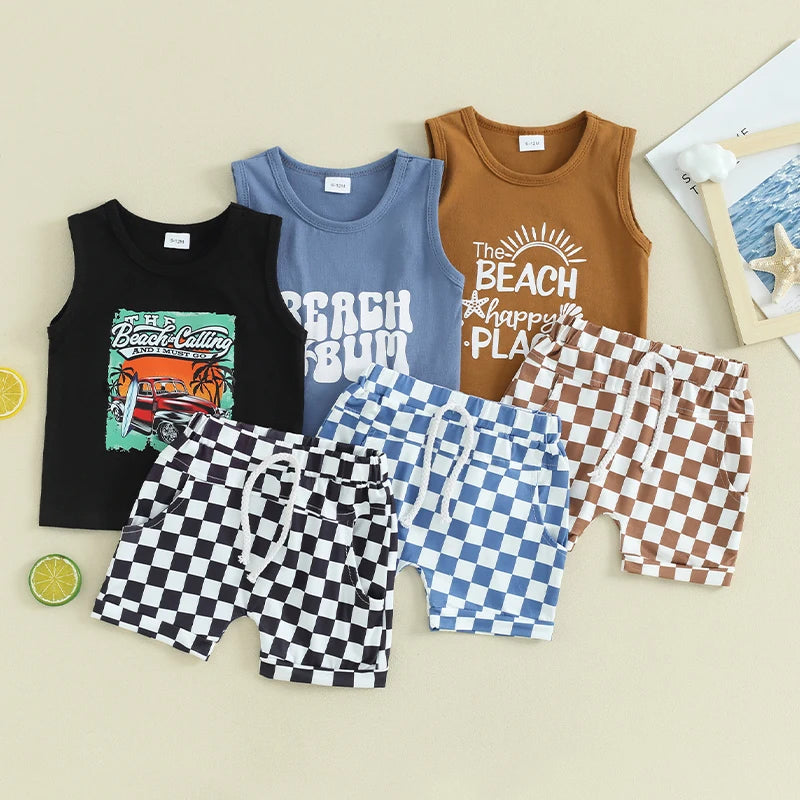Lioraitiin Toddler Boys Summer Outfit Set Letter Car Print Tank Tops And Shorts