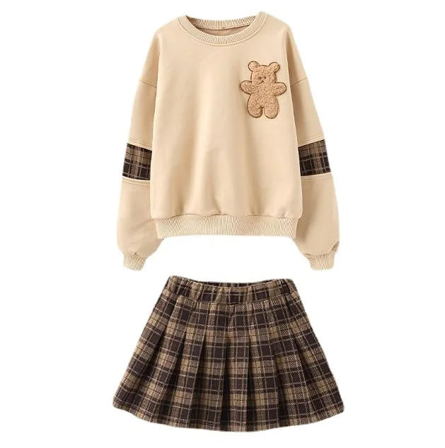 Girls Hooded Bear Sweatshirt And Plaid Pleated Skirt Set