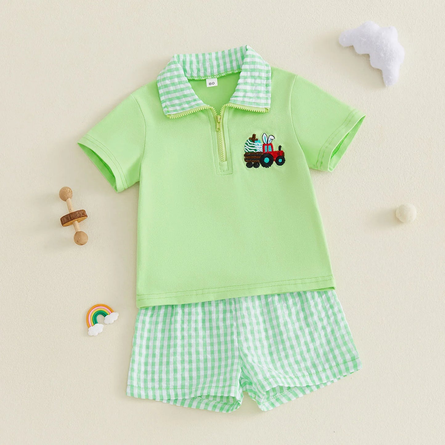 Toddler Easter Outfit Set Embroidered Short Sleeve Top And Shorts