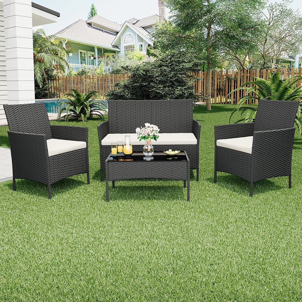 HiMISS PE Rattan Patio Set With Glass Table And Cushions