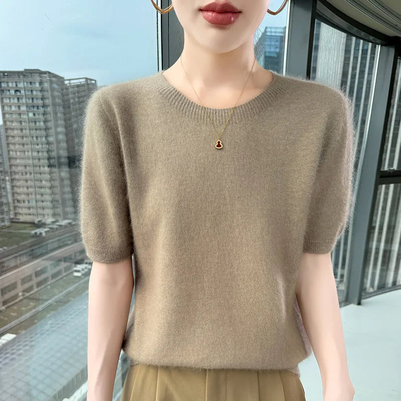 FRSEUCAG Women's Mink Cashmere Knit Sweater O-Neck Short Sleeve Pullover