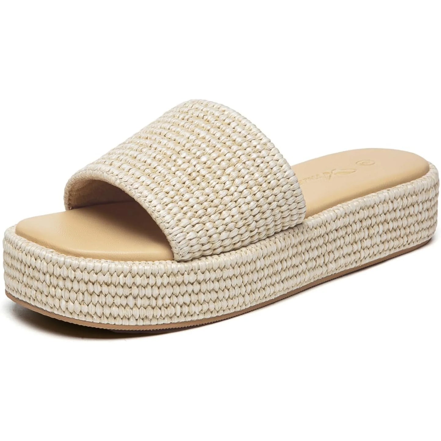 NONECN Women's Platform Raffia Sandals Open Toe Slip On Slides