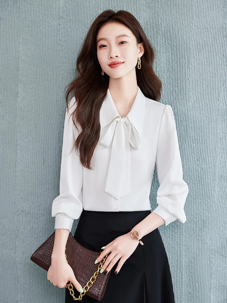 Others Blue Bow Tie Shirt Skirt Set For Professional Commuter And Interview