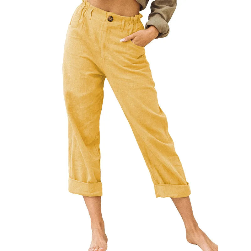 Guangdong Choice Cotton Linen Cropped Pants For Women, Casual Straight