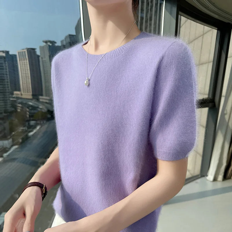 FRSEUCAG Women's Mink Cashmere Knit Sweater O-Neck Short Sleeve Pullover