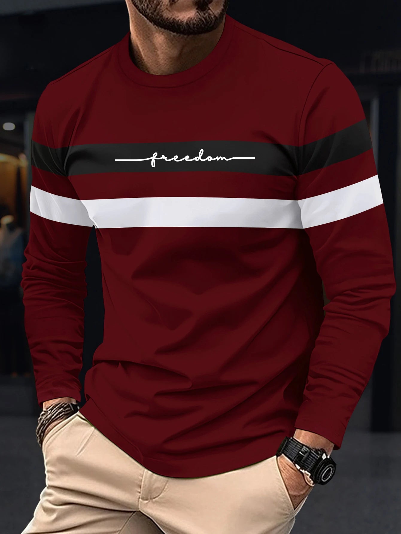 Autumn Mens Oversized Crew Neck Long Sleeve Stripe T Shirt
