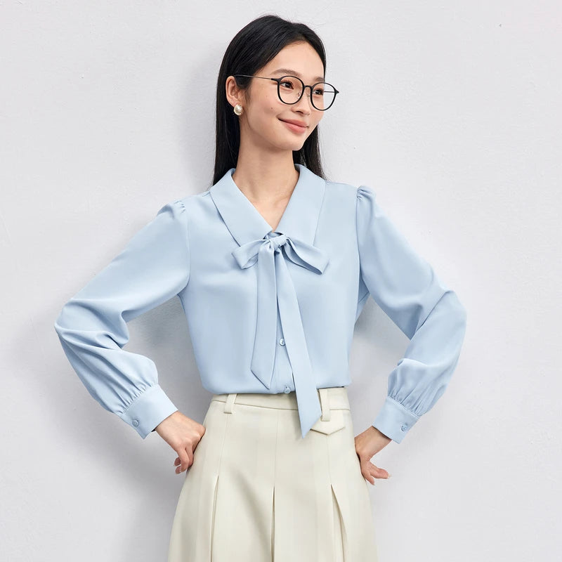 Sentubila Womens Detachable Ribbon Turn Down Collar Long Sleeve Shirt