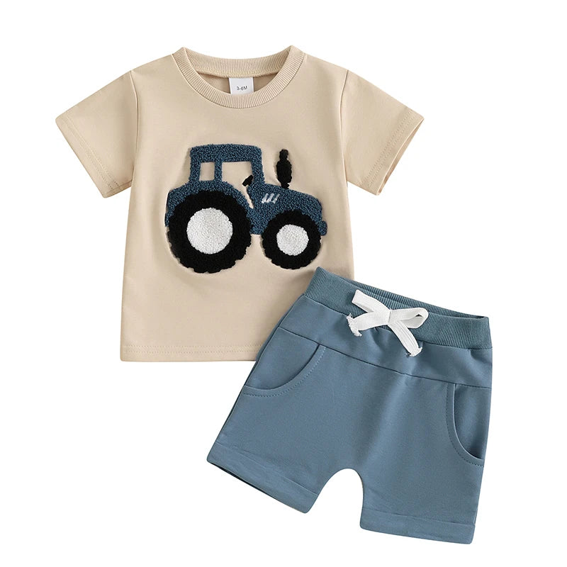 Lioraitiin Toddler Boys Summer Outfit Truck Embroidered Set